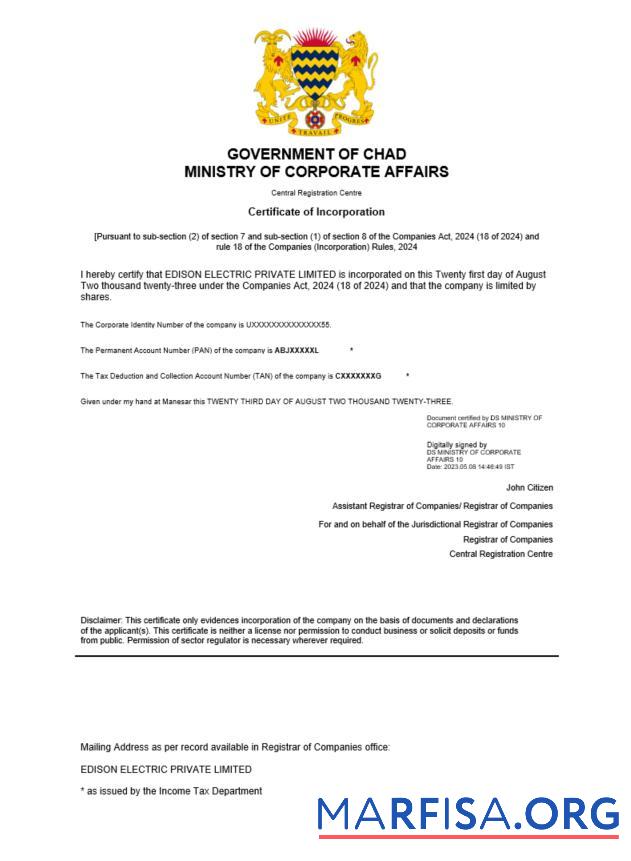 Printable Chad certificate of registration Word and PDF template